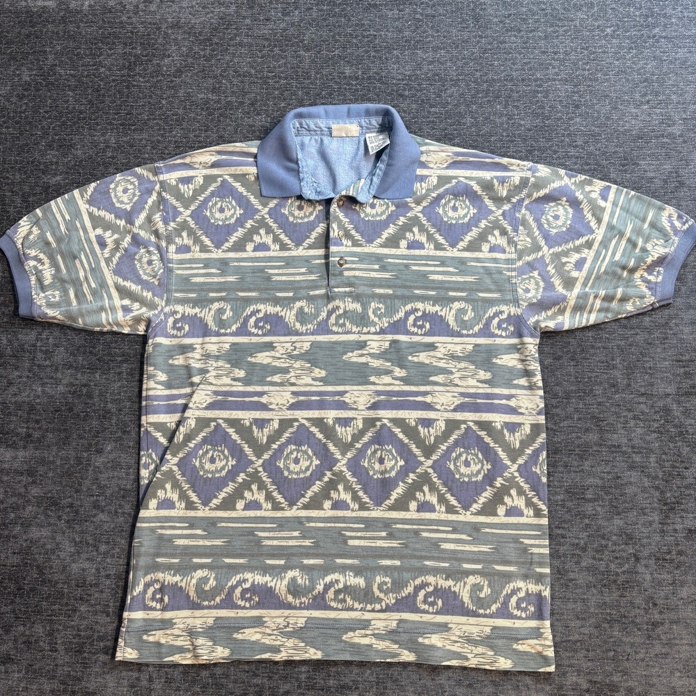 Vintage Bugle Boy Company Men's L Polo Shirt 90s Aztec Geometric Pattern Blue